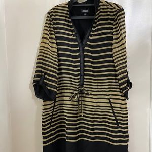 Adrianna Papell Gold & Black Sz 10 Long Sleeve Striped Drawstring Mini Dress